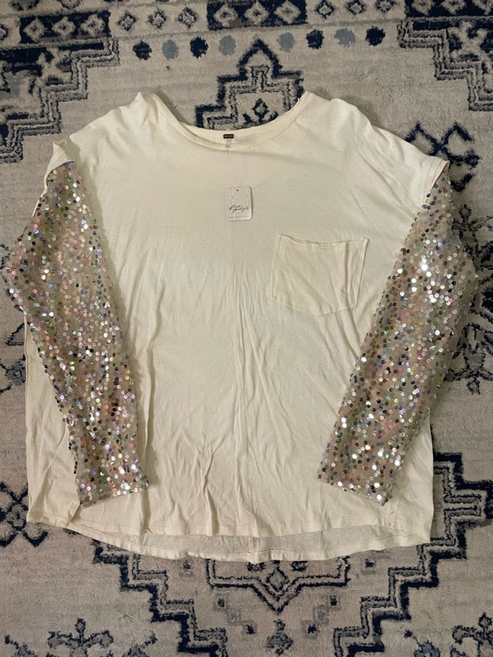 Free People “Celine” Sequined Sleeve Tee – Size XL (NWT)